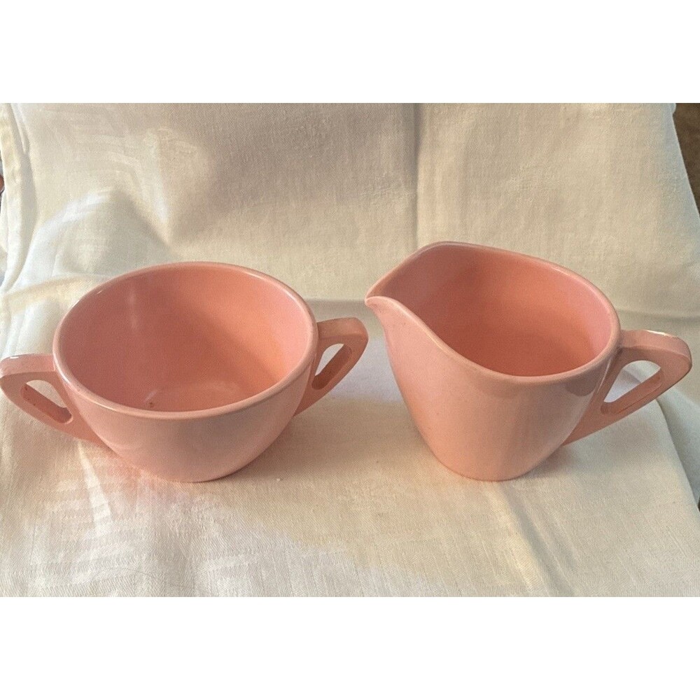 Vintage MCM Prolon Ware Creamer and 2 Handled Sugar Bowl Pink USA